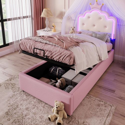 Lit Coffre Enfant 90x200 Cm Avec Tête En Forme De Couronne, LED, En Pu, Rose