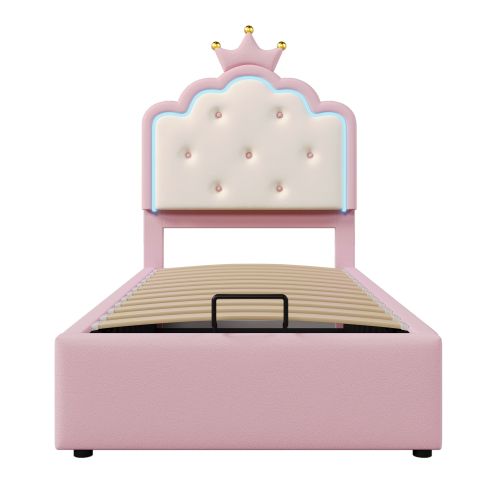 Lit Coffre Enfant 90x200 Cm Avec Tête En Forme De Couronne, LED, En Pu, Rose