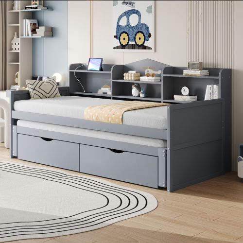 Lit Enfant 90x200 Cm Avec Lit Gigogne 90x190 Cm Avec 2 Tiroirs Et Rangement, En Bois, Gris