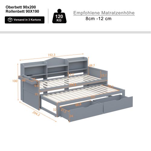 Lit Enfant 90x200 Cm Avec Lit Gigogne 90x190 Cm Avec 2 Tiroirs Et Rangement, En Bois, Gris