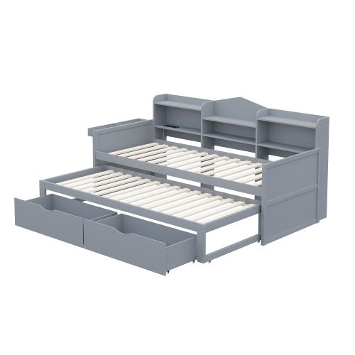 Lit Enfant 90x200 Cm Avec Lit Gigogne 90x190 Cm Avec 2 Tiroirs Et Rangement, En Bois, Gris