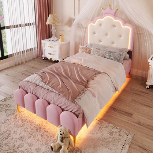 Lit Enfant 90x200 Cm Avec LED, Tête De Lit Princesse Et Éclairage D'ambiance, En Pu, Rose
