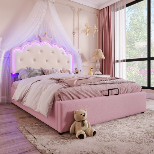 Lit Coffre Adulte 140x200 Cm Avec Sommier à Lattes, Tête En Forme De Couronne, LED, En Pu, Rose
