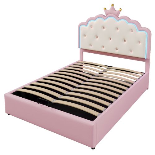 Lit Coffre Adulte 140x200 Cm Avec Sommier à Lattes, Tête En Forme De Couronne, LED, En Pu, Rose