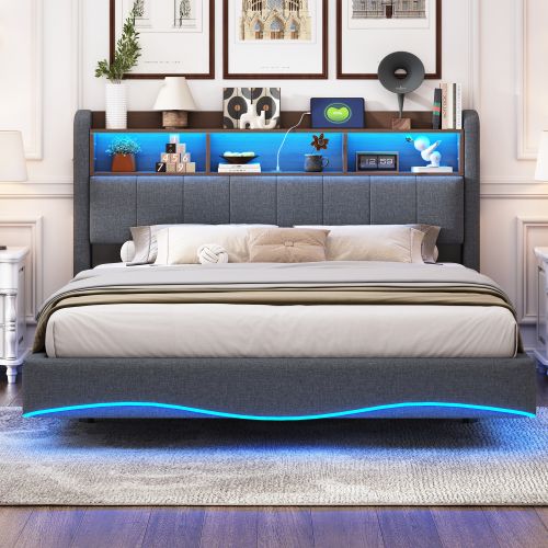 Lit Adulte 160x200 Cm Avec Tête De Lit Et Rangement, LED Et Ports USB Et Type-c, En Tissu, Gris