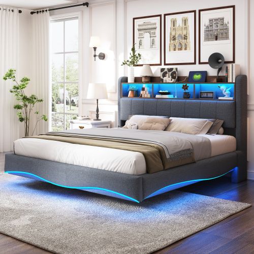 Lit Adulte 160x200 Cm Avec Tête De Lit Et Rangement, LED Et Ports USB Et Type-c, En Tissu, Gris