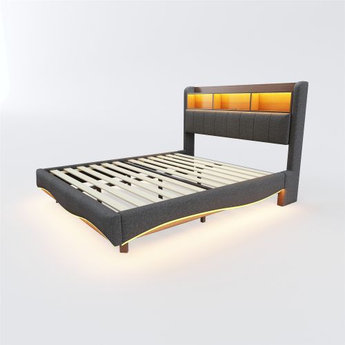 Lit Adulte 160x200 Cm Avec Tête De Lit Et Rangement, LED Et Ports USB Et Type-c, En Tissu, Gris