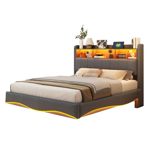 Lit Adulte 140x200 Cm, Tête De Lit De Rangement Et LED, En Lin, Gris