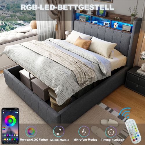 Lit Coffre 140x200 Cm, Tête De Lit De Rangement Et LED, En Lin, Gris