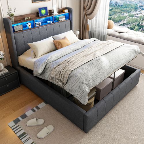 Lit Coffre 140x200 Cm, Tête De Lit De Rangement Et LED, En Lin, Gris