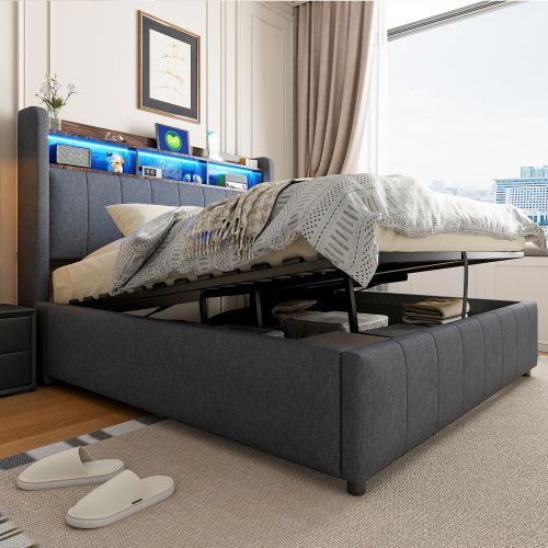 Lit Coffre 140x200 Cm, Tête De Lit De Rangement Et LED, En Lin, Gris