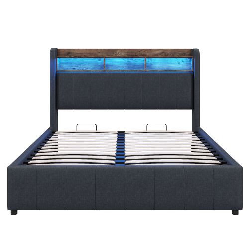 Lit Coffre 140x200 Cm, Tête De Lit De Rangement Et LED, En Lin, Gris