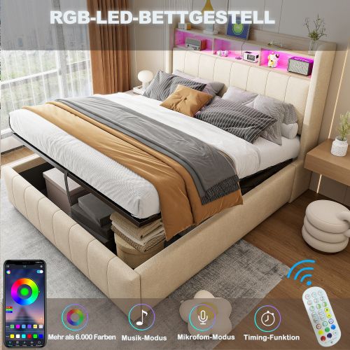 Lit Coffre 140x200 Cm, Avec Tête De Lit LED Et Ports USB, En Lin, Beige