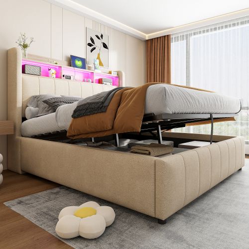Lit Coffre 140x200 Cm, Avec Tête De Lit LED Et Ports USB, En Lin, Beige