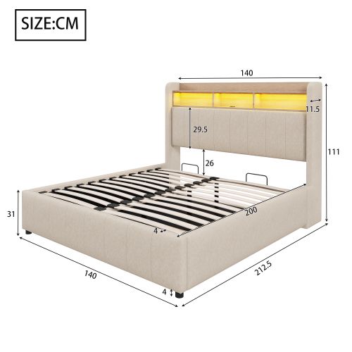Lit Coffre 140x200 Cm, Avec Tête De Lit LED Et Ports USB, En Lin, Beige