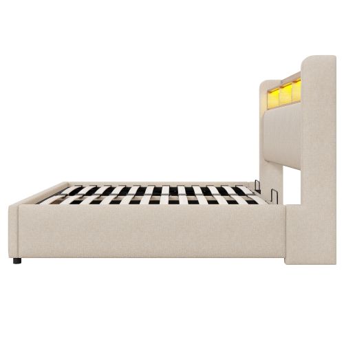 Lit Coffre 140x200 Cm, Avec Tête De Lit LED Et Ports USB, En Lin, Beige