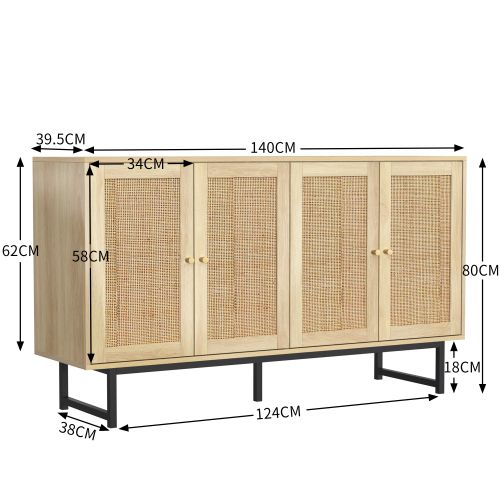 Buffet Effet Bois 140 X 39,5 X 80 Cm, 4 Portes à Rotin Véritable, Poignées Doré Mat