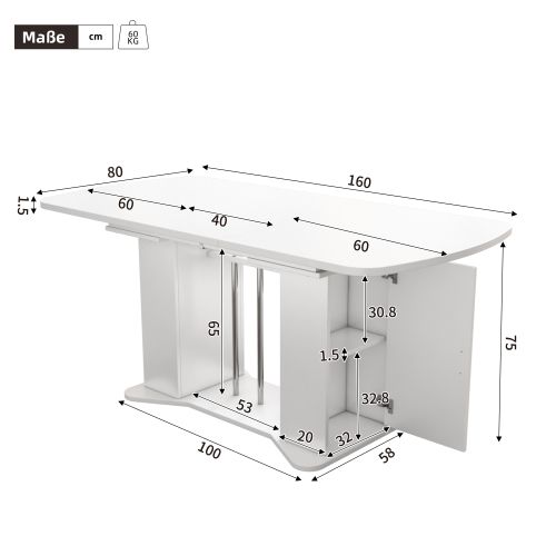 Table à Manger Extensible 120-160x80 Cm, Pieds En Métal Argenté, Rangement Intégré, Blanc