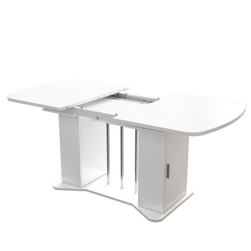 Table à Manger Extensible 120-160x80 Cm, Pieds En Métal Argenté, Rangement Intégré, Blanc