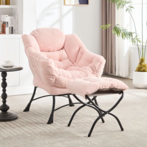 Fauteuil Lounge Avec Ottomane, Dossier Incurvé Ergonomique, Poche Latérale, Rose