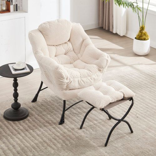 Fauteuil Lounge Avec Ottoman, Accoudoirs Et Poche Latérale, Acier, Blanc