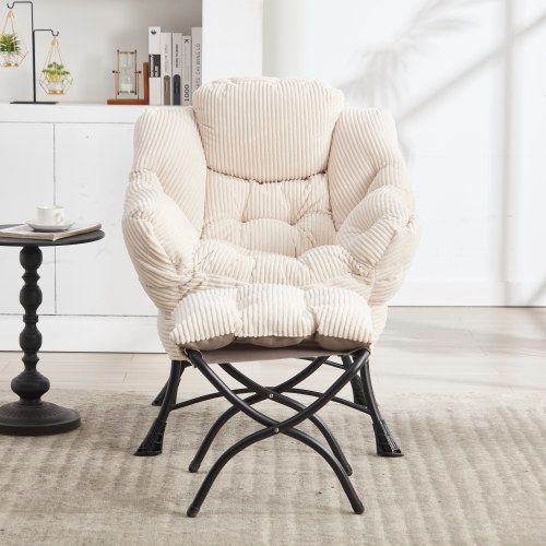 Fauteuil Lounge Avec Ottoman, Accoudoirs Et Poche Latérale, Acier, Blanc