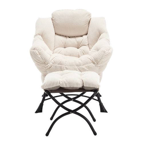 Fauteuil Lounge Avec Ottoman, Accoudoirs Et Poche Latérale, Acier, Blanc