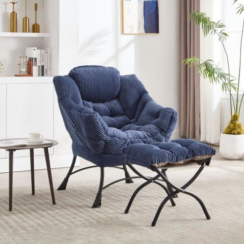 Fauteuil Lounge Avec Ottoman, Dossier Incurvé Et Poche Latérale, Acier, Marine