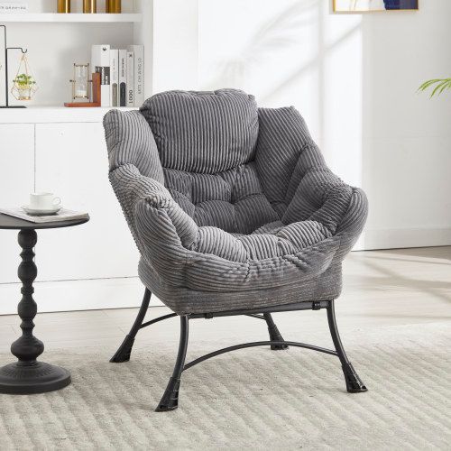 Fauteuil Lounge Avec Ottoman, Assise Rembourrée En Flanelle, Armature Acier, Gris