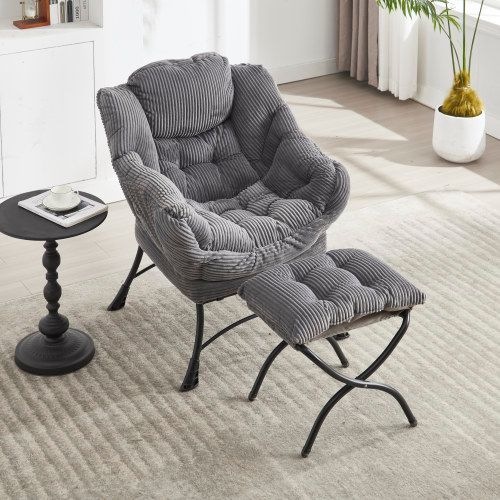 Fauteuil Lounge Avec Ottoman, Assise Rembourrée En Flanelle, Armature Acier, Gris