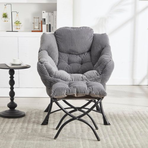 Fauteuil Lounge Avec Ottoman, Assise Rembourrée En Flanelle, Armature Acier, Gris