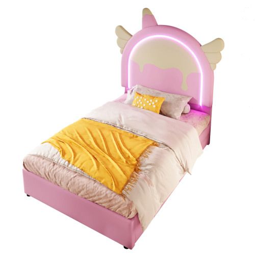 Lit Enfant 90x200 Cm Avec 2 Tiroirs Et Bande Lumineuse LED, Tête De Lit Licorne, En Pu, Rose