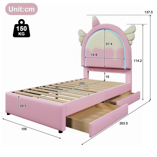 Lit Enfant 90x200 Cm Avec 2 Tiroirs Et Bande Lumineuse LED, Tête De Lit Licorne, En Pu, Rose
