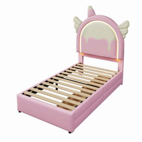 Lit Enfant 90x200 Cm Avec 2 Tiroirs Et Bande Lumineuse LED, Tête De Lit Licorne, En Pu, Rose
