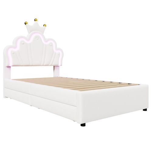 Lit Enfant 90x200 Cm, Avec Tête De Lit Réglable Et 2 Tiroirs, En Pu, Blanc