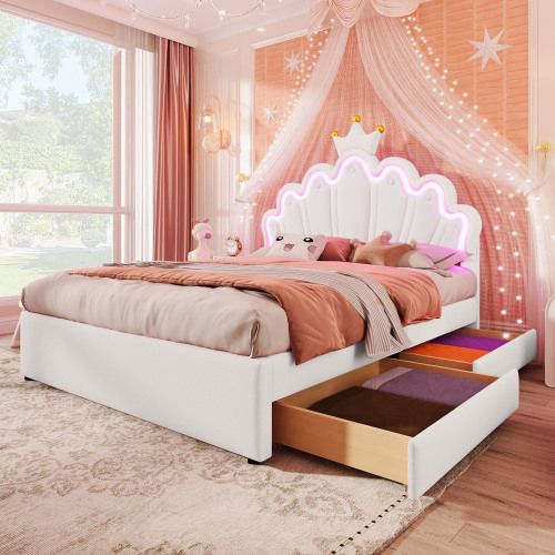 Lit Enfant 140x200 Cm, Avec Tête De Lit Réglable Et 2 Tiroirs, En Pu, Blanc