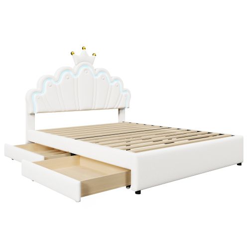 Lit Enfant 140x200 Cm, Avec Tête De Lit Réglable Et 2 Tiroirs, En Pu, Blanc