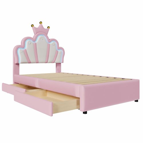 Lit Enfant 90x200 Cm Avec 2 Tiroirs Et Tête De Lit Réglable, LED, En Pu, Rose