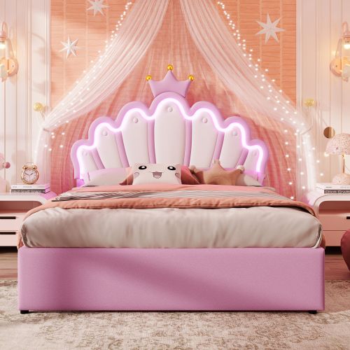 Lit Adulte 140x200 Cm Avec Tête De Lit Réglable LED Et 2 Tiroirs, En Pu, Rose