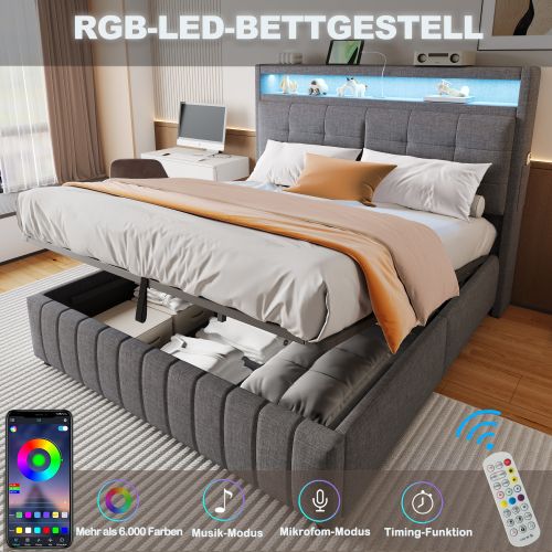 Lit Coffre 160x200 Cm, Tête De Lit Avec Rangements Et LED, Avec Lattes, En Lin, Gris