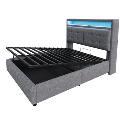 Lit Coffre 160x200 Cm, Tête De Lit Avec Rangements Et LED, Avec Lattes, En Lin, Gris