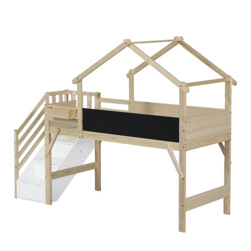 Lit Mezzanine 90x200 Cm, Rangement En Escalier Et Tableau à Craie, En Bois, Blanc Et Naturel