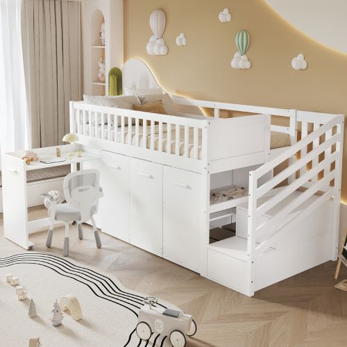 Lit Mezzanine 90x200 Cm Avec Bureau Et Rangements, En Bois, Blanc