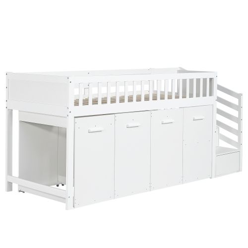 Lit Mezzanine 90x200 Cm Avec Bureau Et Rangements, En Bois, Blanc