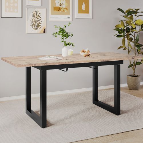 Table à Manger Extensible 140-180x80x75 Cm, Style Industriel, Plateau Imitation Chêne, Pieds Noirs