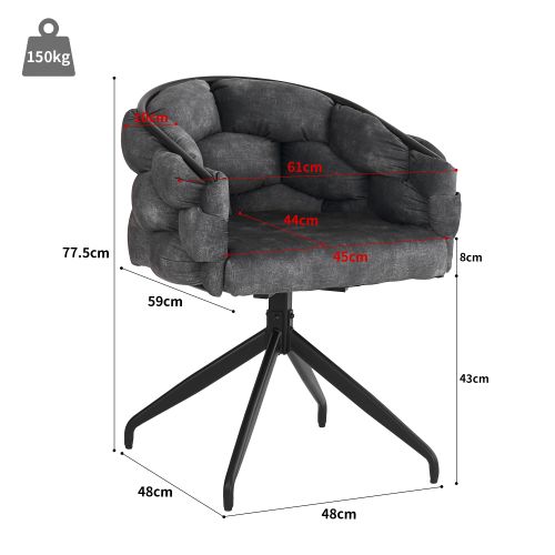 Lot De 6 Chaises Pivotantes 360°, Velours Et Métal, Assise Rembourrée, Gris