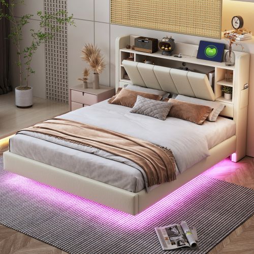 Lit Adulte 140x200 Cm, Tête De Lit De Rangement Et LED, En Lin, Beige
