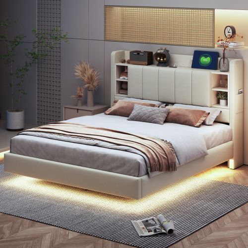 Lit Adulte 140x200 Cm, Tête De Lit De Rangement Et LED, En Lin, Beige