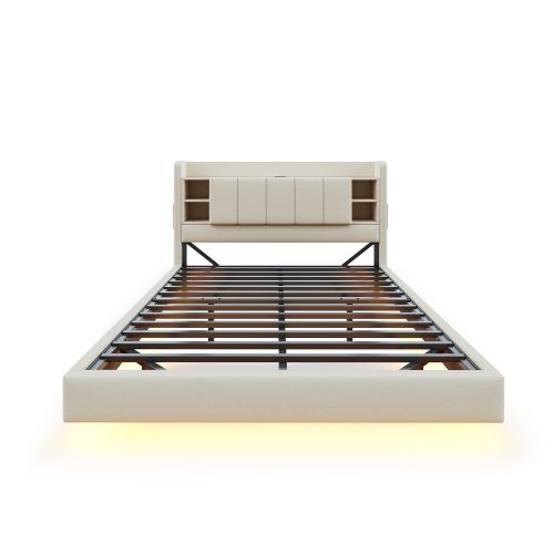 Lit Adulte 140x200 Cm, Tête De Lit De Rangement Et LED, En Lin, Beige