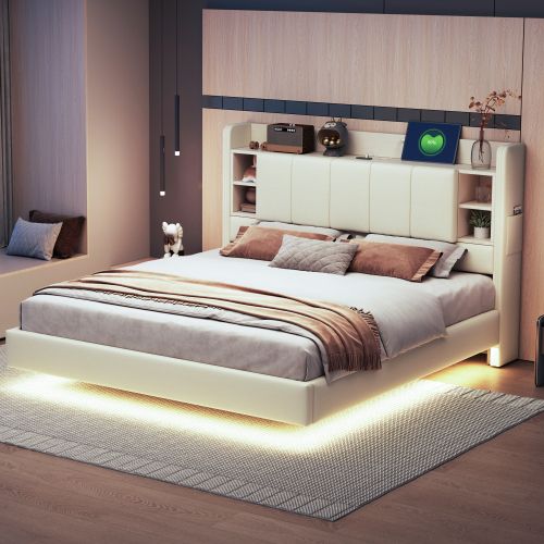 Lit Adulte 160x200 Cm, Tête De Lit De Rangement Et LED, En Lin, Beige